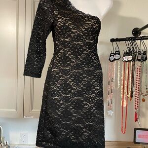 Deb Black Floral Lace One-Shoulder Dress